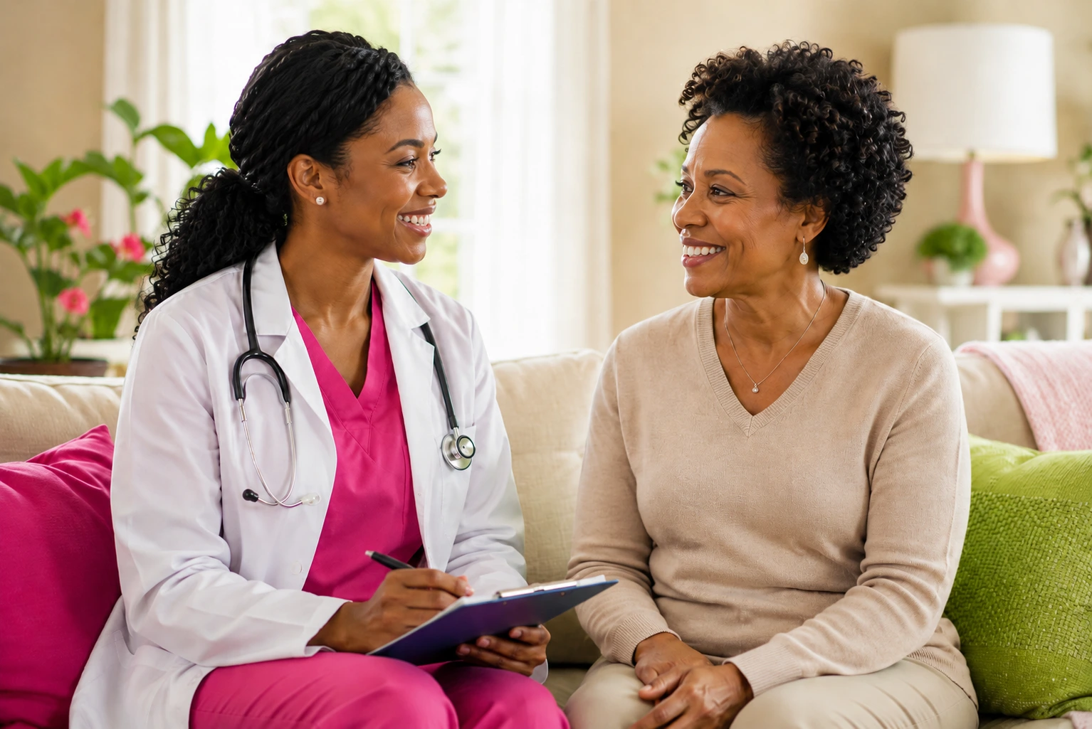 Healthcare provider discusses care planning with a smiling patient at home.